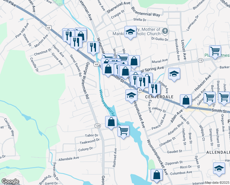map of restaurants, bars, coffee shops, grocery stores, and more near 45 Grover Street in North Providence