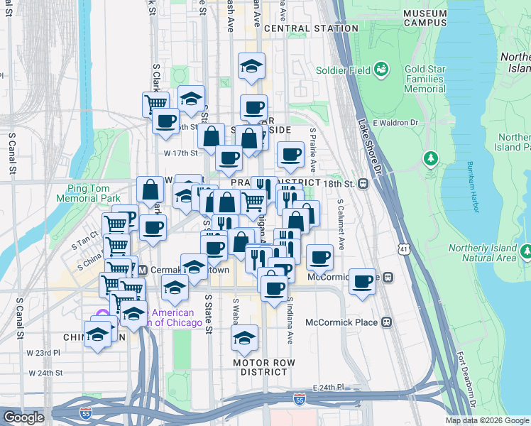 map of restaurants, bars, coffee shops, grocery stores, and more near 1925 South Michigan Avenue in Chicago