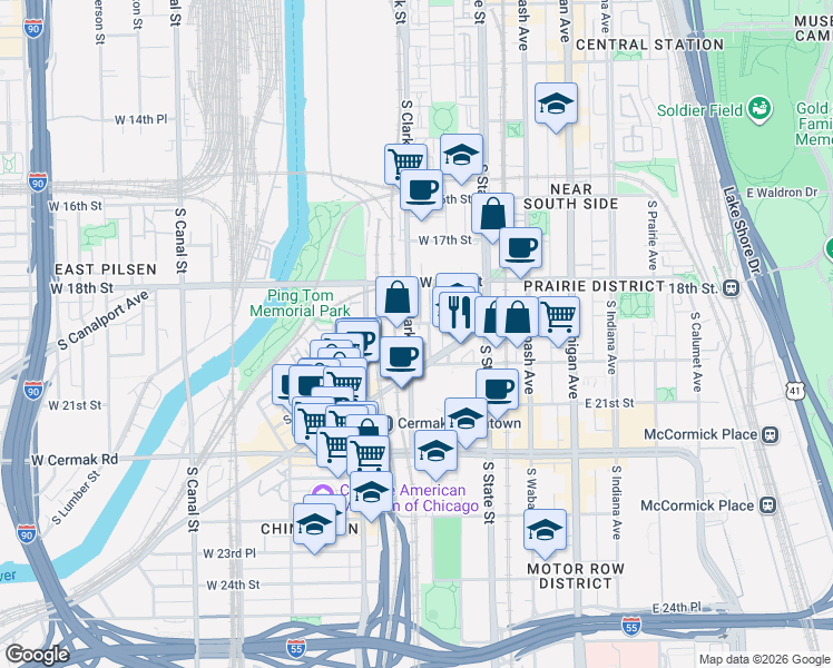 map of restaurants, bars, coffee shops, grocery stores, and more near 1911a South Clark Street in Chicago