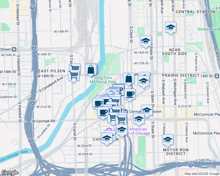 map of restaurants, bars, coffee shops, grocery stores, and more near 1929 South Wells Street in Chicago