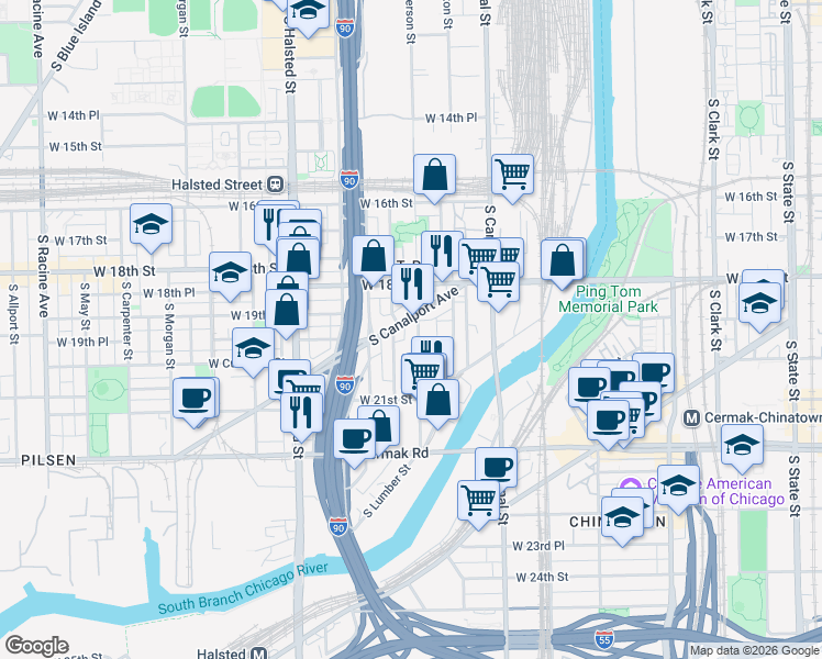 map of restaurants, bars, coffee shops, grocery stores, and more near 1924 South Jefferson Street in Chicago