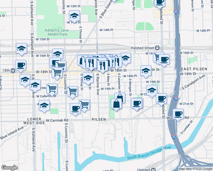 map of restaurants, bars, coffee shops, grocery stores, and more near 1160 West 19th Place in Chicago