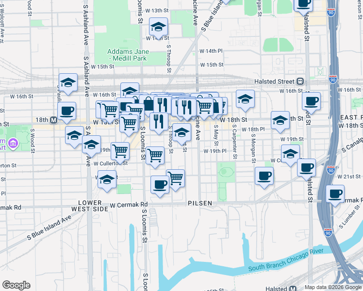 map of restaurants, bars, coffee shops, grocery stores, and more near 1901 South Throop Street in Chicago