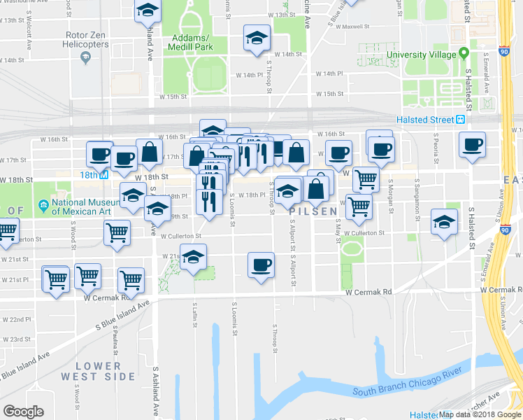 map of restaurants, bars, coffee shops, grocery stores, and more near 1329 West 19th Street in Chicago