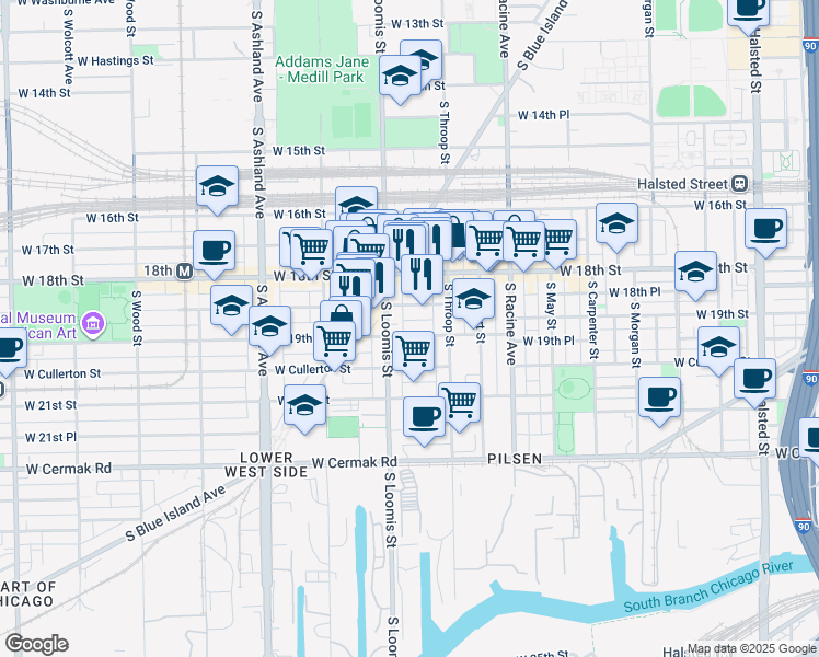 map of restaurants, bars, coffee shops, grocery stores, and more near 1329 West 19th Street in Chicago