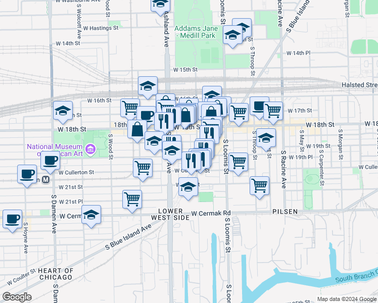 map of restaurants, bars, coffee shops, grocery stores, and more near 1519 West 19th Street in Chicago