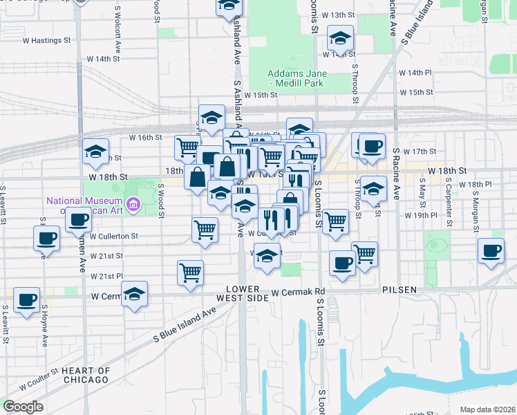 map of restaurants, bars, coffee shops, grocery stores, and more near 1519 West 19th Street in Chicago