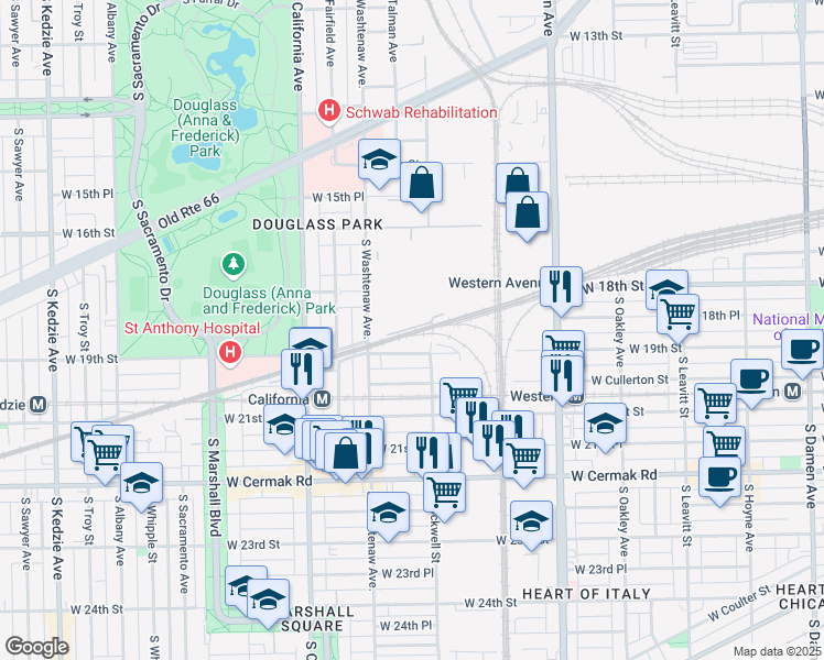 map of restaurants, bars, coffee shops, grocery stores, and more near 2612 West 19th Street in Chicago