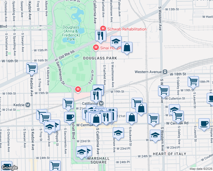 map of restaurants, bars, coffee shops, grocery stores, and more near 1846 South Fairfield Avenue in Chicago