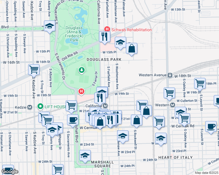 map of restaurants, bars, coffee shops, grocery stores, and more near 1840 South Fairfield Avenue in Chicago