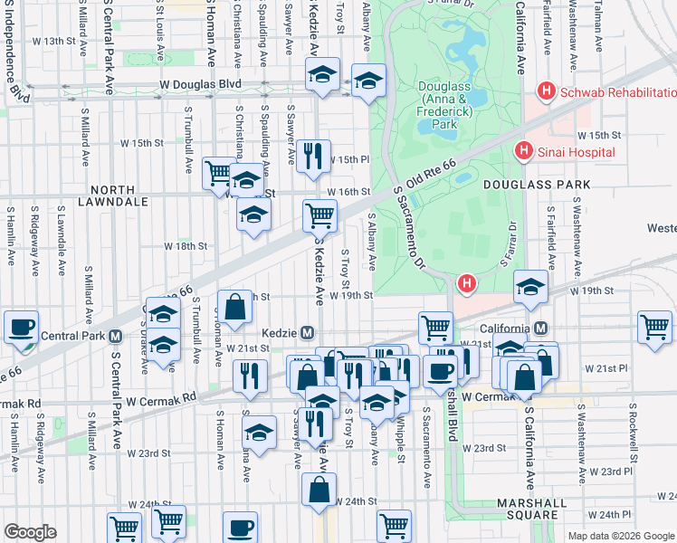 map of restaurants, bars, coffee shops, grocery stores, and more near in Chicago