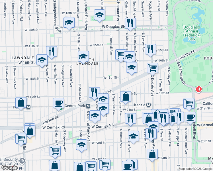 map of restaurants, bars, coffee shops, grocery stores, and more near 1833 South Saint Louis Avenue in Chicago