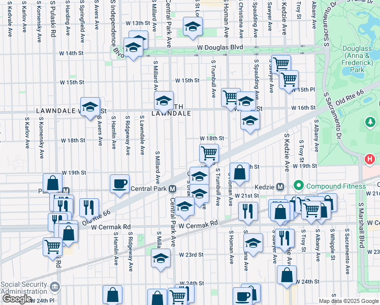 map of restaurants, bars, coffee shops, grocery stores, and more near 1836 South Drake Avenue in Chicago
