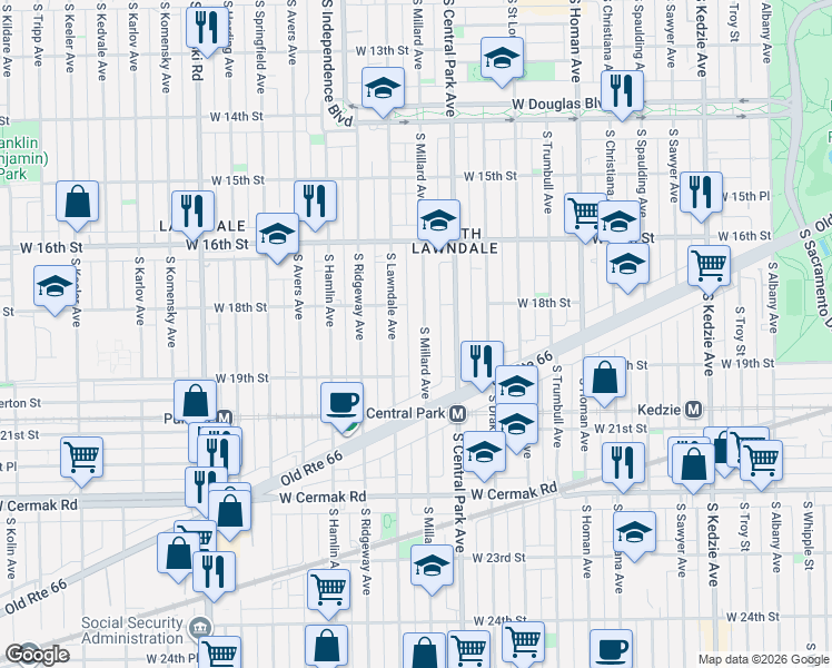 map of restaurants, bars, coffee shops, grocery stores, and more near 1837 South Lawndale Avenue in Chicago