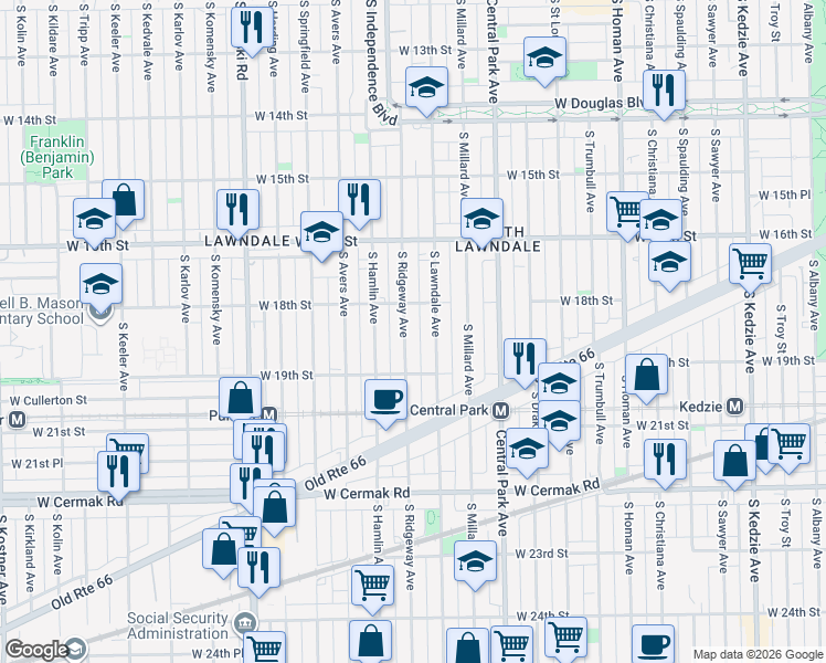 map of restaurants, bars, coffee shops, grocery stores, and more near 1837 South Ridgeway Avenue in Chicago