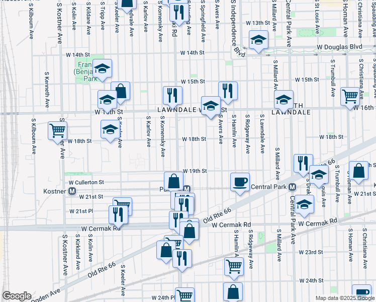 map of restaurants, bars, coffee shops, grocery stores, and more near 1835 South Pulaski Road in Chicago