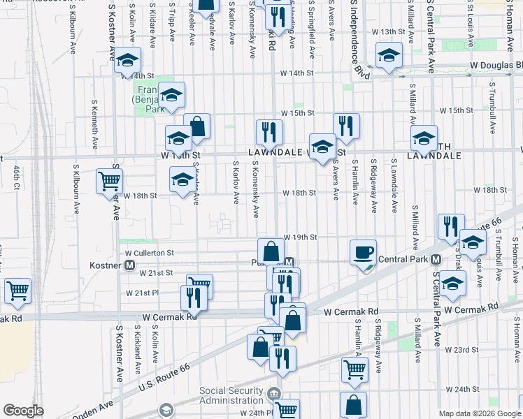 map of restaurants, bars, coffee shops, grocery stores, and more near 1837 South Komensky Avenue in Chicago