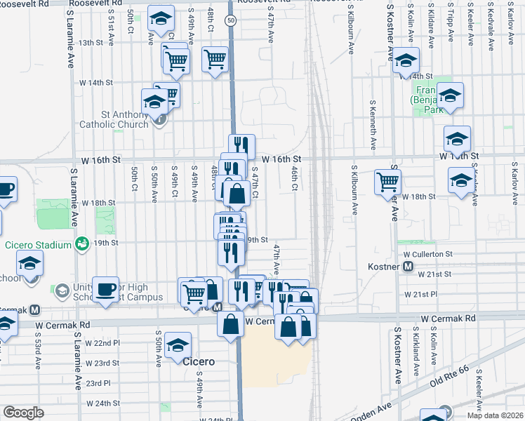 map of restaurants, bars, coffee shops, grocery stores, and more near 1815 South 47th Court in Cicero