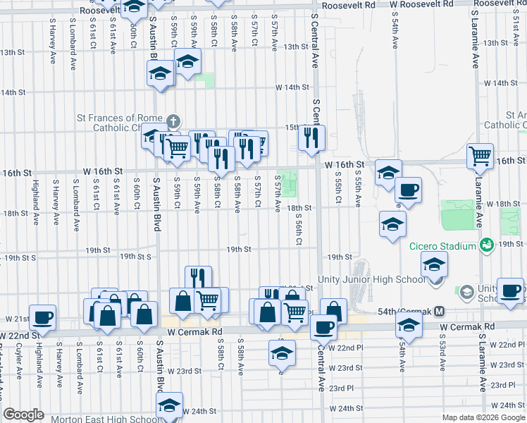 map of restaurants, bars, coffee shops, grocery stores, and more near 1810 South 57th Court in Cicero
