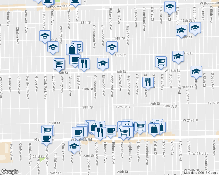 map of restaurants, bars, coffee shops, grocery stores, and more near 1801 Elmwood Avenue in Berwyn