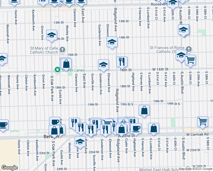 map of restaurants, bars, coffee shops, grocery stores, and more near 6446 18th Street in Berwyn