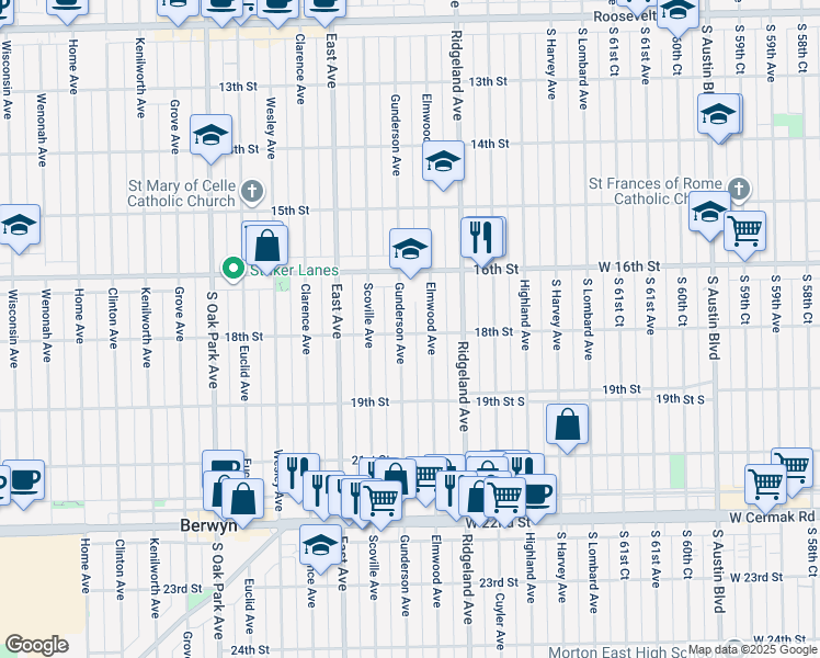 map of restaurants, bars, coffee shops, grocery stores, and more near 6446 18th Street in Berwyn