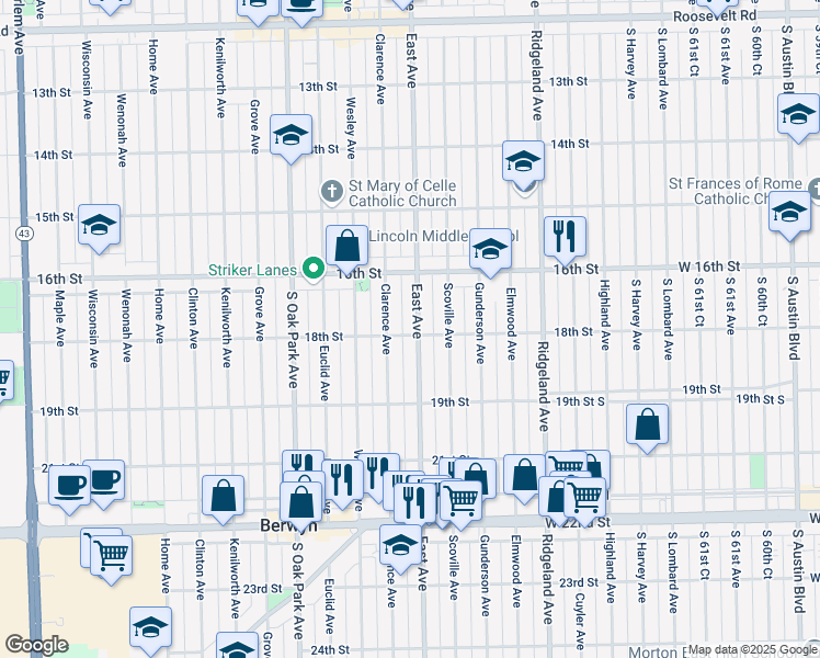 map of restaurants, bars, coffee shops, grocery stores, and more near 1800 East Avenue in Berwyn