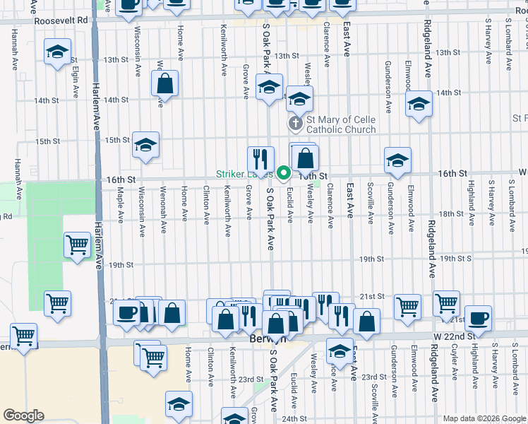map of restaurants, bars, coffee shops, grocery stores, and more near in Berwyn