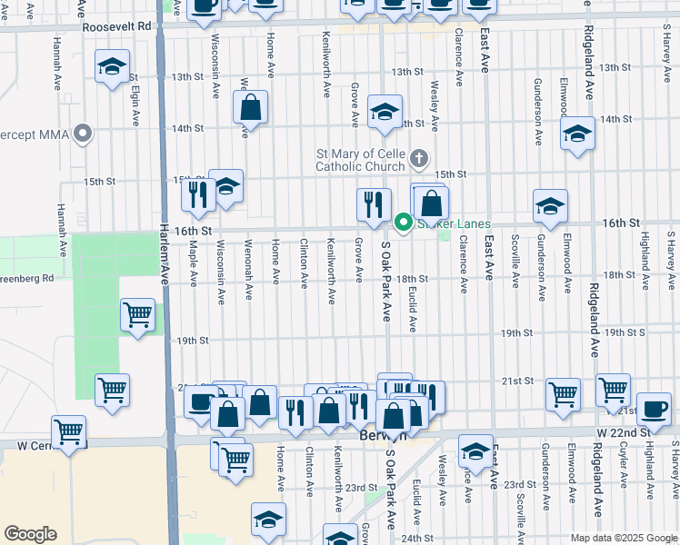 map of restaurants, bars, coffee shops, grocery stores, and more near 1800 Grove Avenue in Berwyn