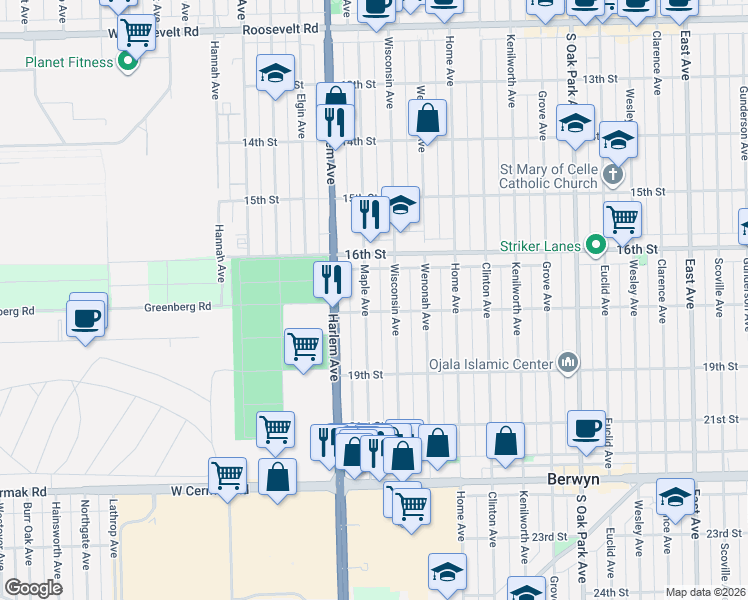 map of restaurants, bars, coffee shops, grocery stores, and more near 1645 Maple Avenue in Berwyn
