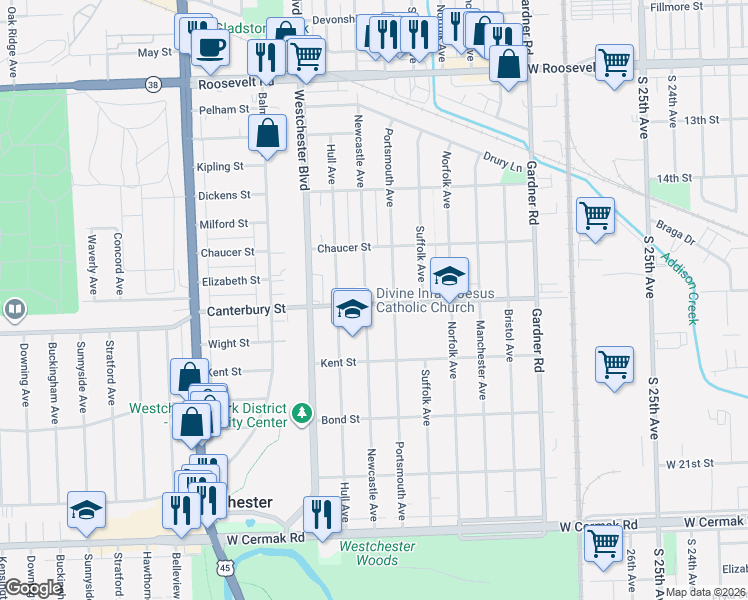 map of restaurants, bars, coffee shops, grocery stores, and more near 1601 Newcastle Avenue in Westchester
