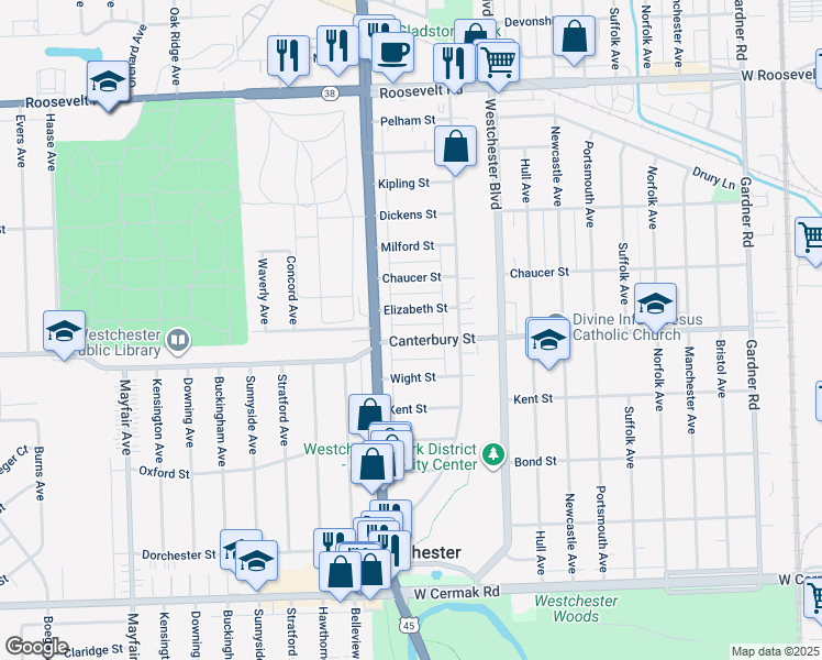 map of restaurants, bars, coffee shops, grocery stores, and more near 1031 Canterbury Street in Westchester