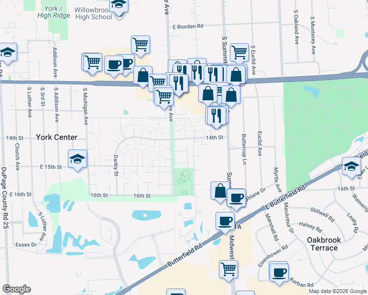 map of restaurants, bars, coffee shops, grocery stores, and more near 17W747 Standish Lane in Villa Park
