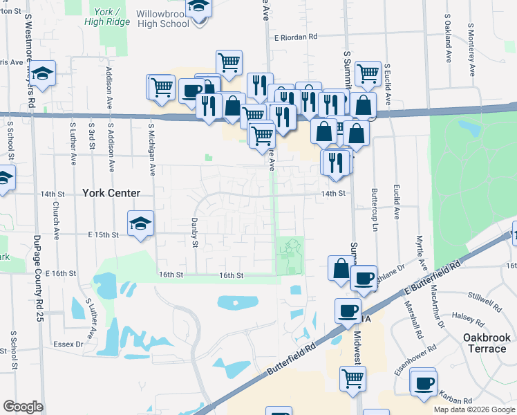 map of restaurants, bars, coffee shops, grocery stores, and more near 18W014 Standish Lane in Villa Park