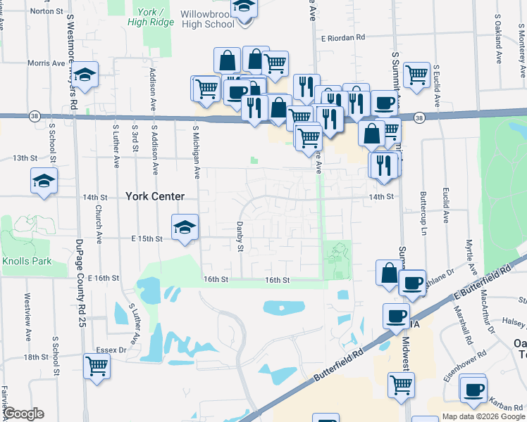 map of restaurants, bars, coffee shops, grocery stores, and more near 1S244 Stratford Lane in Villa Park