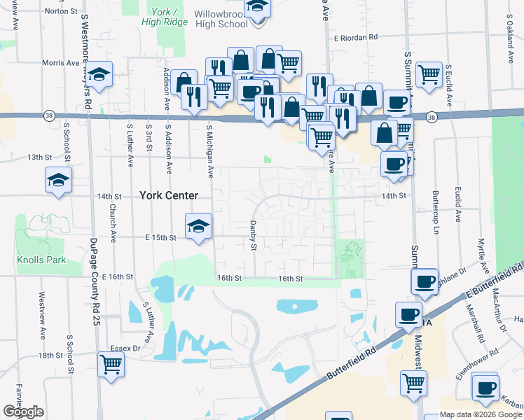 map of restaurants, bars, coffee shops, grocery stores, and more near 18W179 Standish Lane in Villa Park