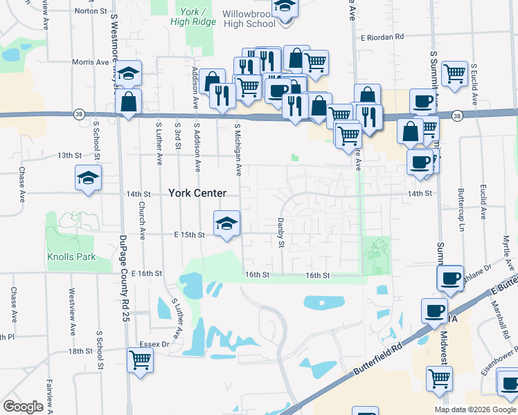 map of restaurants, bars, coffee shops, grocery stores, and more near 1S233 Ingersoll Lane in Villa Park