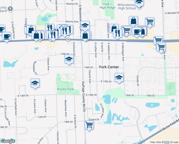 map of restaurants, bars, coffee shops, grocery stores, and more near 1408 Church Avenue in Lombard