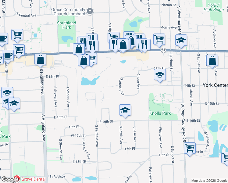 map of restaurants, bars, coffee shops, grocery stores, and more near 19W161 Rochdale Circle in Lombard