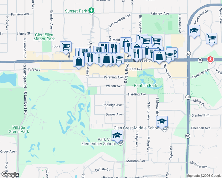 map of restaurants, bars, coffee shops, grocery stores, and more near 582 Harding Avenue in Glen Ellyn