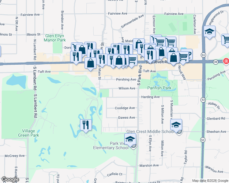map of restaurants, bars, coffee shops, grocery stores, and more near 546 Harding Avenue in Glen Ellyn