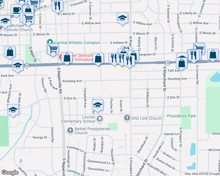 map of restaurants, bars, coffee shops, grocery stores, and more near 718 Weaver Court in Wheaton