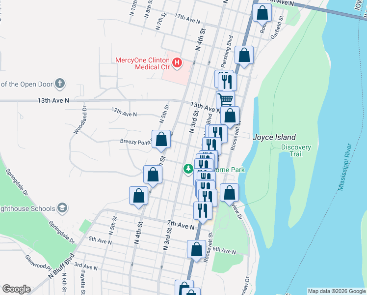 map of restaurants, bars, coffee shops, grocery stores, and more near 315 11th Avenue North in Clinton