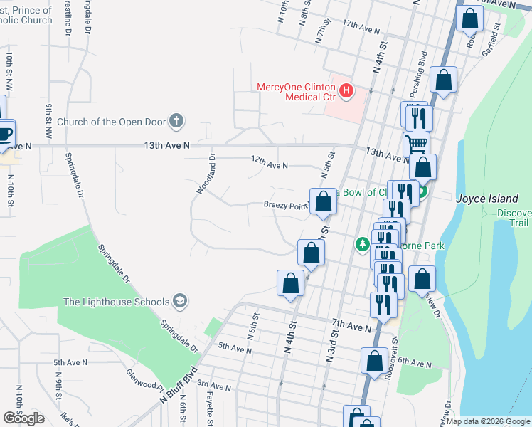 map of restaurants, bars, coffee shops, grocery stores, and more near 500 Oakhurst Drive in Clinton