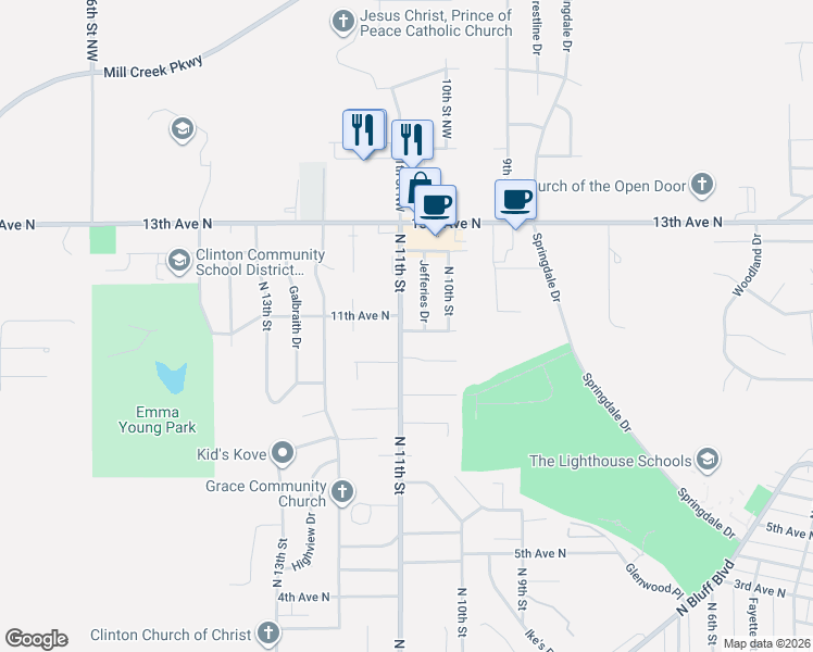 map of restaurants, bars, coffee shops, grocery stores, and more near 1030-1098 North 11th Street in Clinton