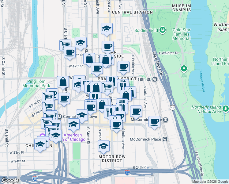 map of restaurants, bars, coffee shops, grocery stores, and more near 1925 South Michigan Avenue in Chicago