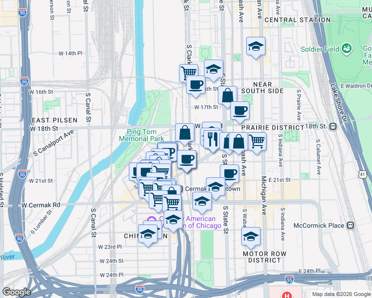 map of restaurants, bars, coffee shops, grocery stores, and more near 1900 South Clark Street in Chicago