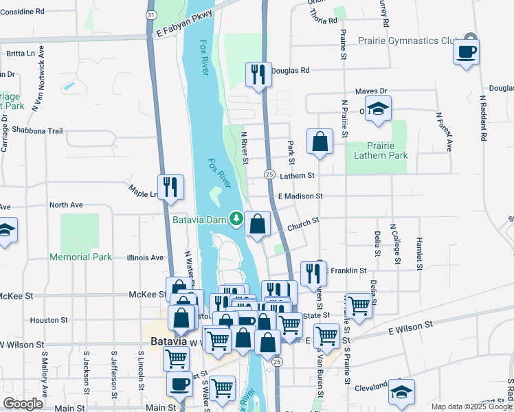 map of restaurants, bars, coffee shops, grocery stores, and more near 550 North River Street in Batavia