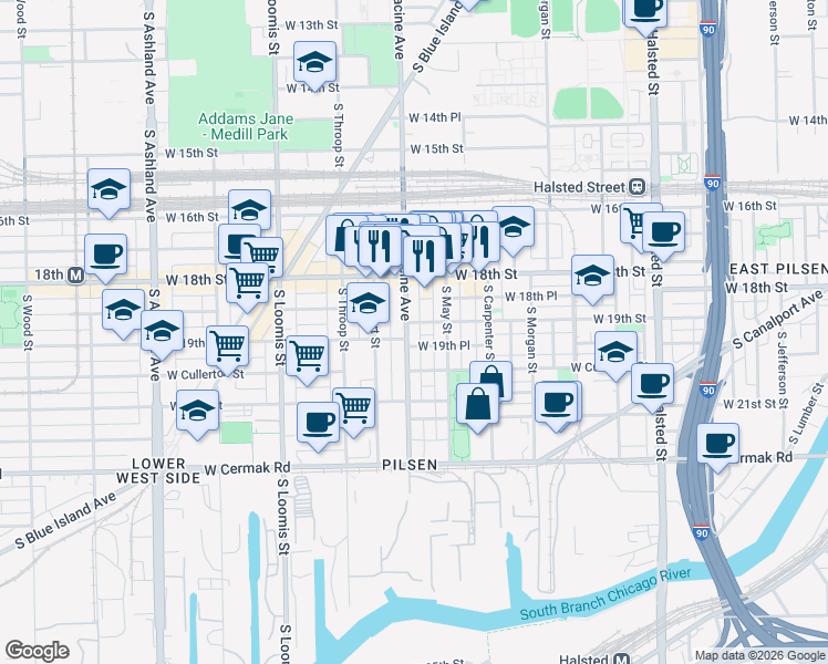 map of restaurants, bars, coffee shops, grocery stores, and more near 1160 West 19th Place in Chicago