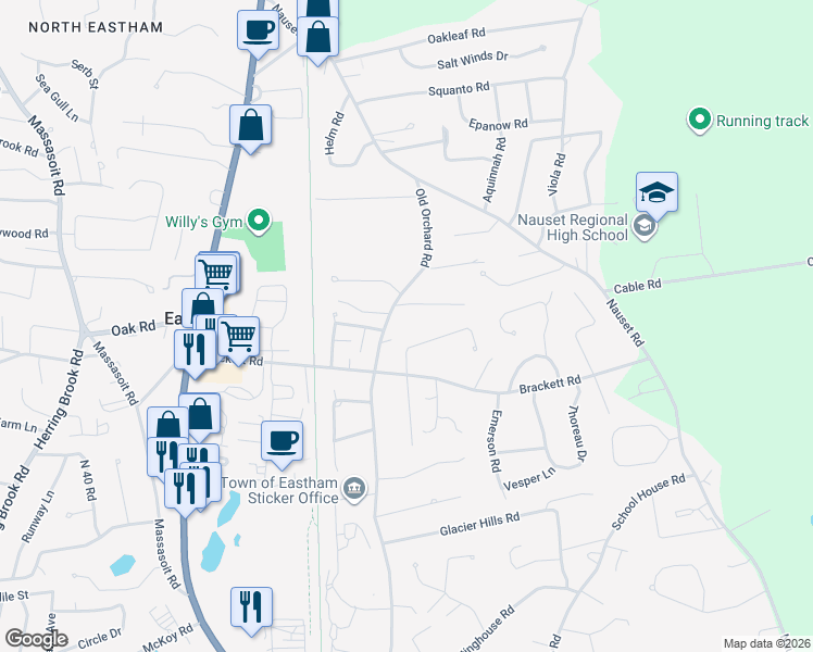 map of restaurants, bars, coffee shops, grocery stores, and more near 900 Old Orchard Rd in Eastham